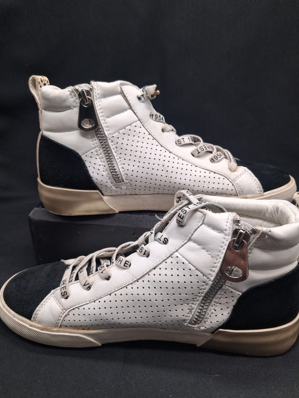 Vintage Havana White and Black High-Top Sneakers with Side Zip